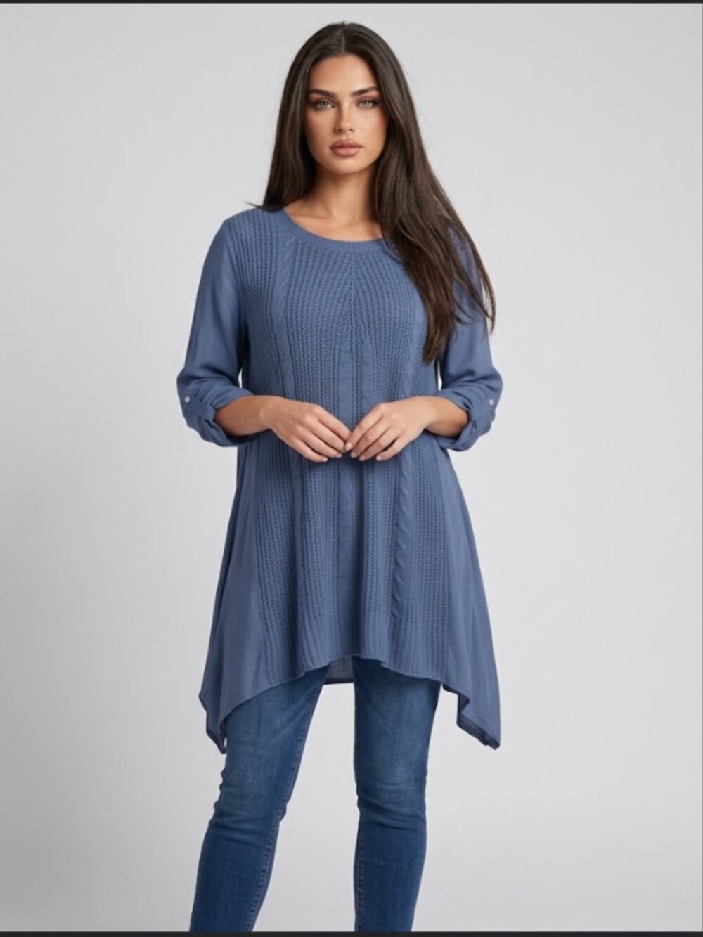 Blue Cable Knit Panel Tunic Shirt | Loose Fit Asymmetric Flowy Top |